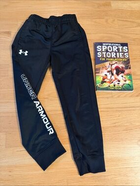 Under Armour Kids Black Jogger Pants with Sports Book Bundle, Size 6